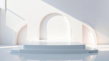 minimalist white platform with soft shadows a bright room photo