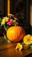 single pumpkin with yellow flowers on a wooden table photo