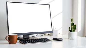 minimalist workspace with a blank computer screen photo