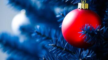 red ornament on a blue artificial tree branch photo