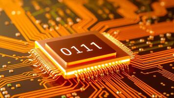 close- a glowing microchip with binary code 0111 on a circuit board photo