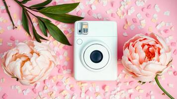 white instant camera surrounded by delicate flower petals on a pink background photo