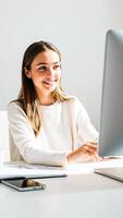 woman smiling while working on her computer photo