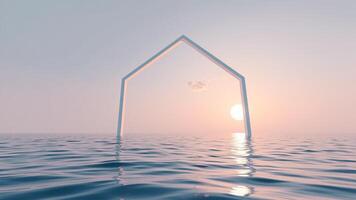 geometric archway frames a sunset over the ocean photo
