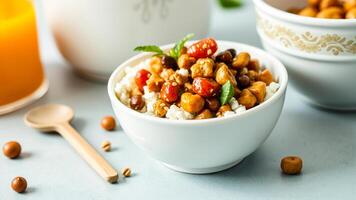 bowl golden nuggets red berries white curds photo