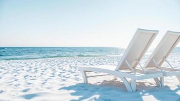 two white lounge chairs on a beach facing the ocean photo