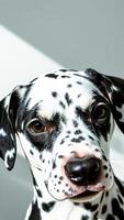 dalmatian dog with black white spots looks directly at the camera photo