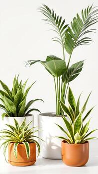 trio lush green potted plants on a white surface photo