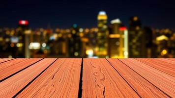 wooden surface with a blurred city skyline at night photo