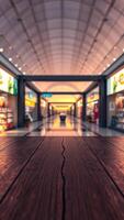 weathered wooden surface with blurred background a lighted shop corridor photo