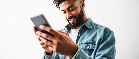 smiling man using phone photo