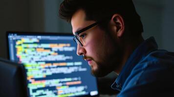 young man with glasses intensely focuses on lines code displayed on his computer screen. photo