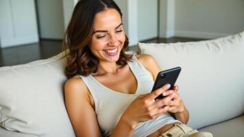 woman smiles happily while using her phone on a couch photo