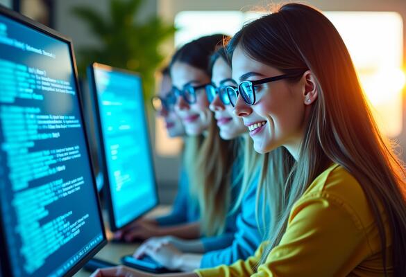 woman smiles as she looks at lines code on a computer screen