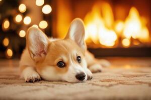 Adorable corgi puppy lying on the floor photo