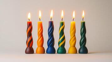 Six colorful, twisted candles with flames photo