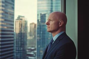 Businessman in a suit gazing out of a window photo