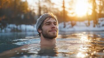 Man swimming in a freezing lake photo