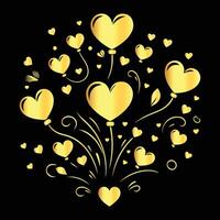 Golden hearts and balloons on black background vector