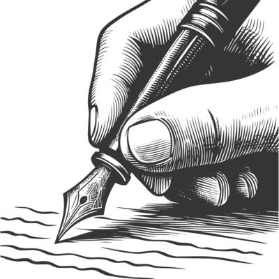 A hand writing with a pen and a fountain pen
