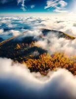Aerial view of autumn forest with clouds and sun photo
