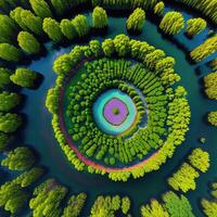 A circular green space surrounded by trees photo