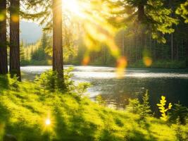 The sun shines through the trees in a forest photo