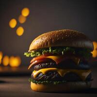 A large hamburger with cheese and tomatoes on a table photo