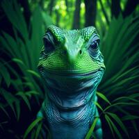 An iguana is looking at the camera in the jungle photo
