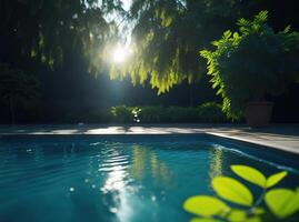 A pool with the sun shining through the trees photo