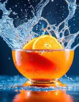 Orange juice splash with water on a blue background photo