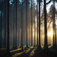 A forest with trees and sun shining through photo
