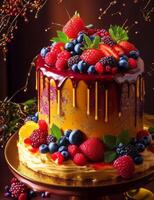A cake with berries and syrup on top photo