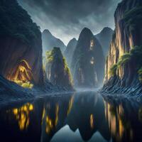 A river in the mountains with trees and rocks photo