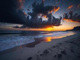 A sunset on a beach with waves and clouds photo