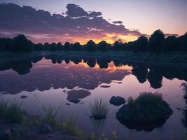 A sunset over a lake with grass and trees photo