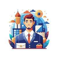 Businessman with a briefcase and a city skyline vector