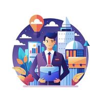 Businessman with briefcase and cityscape background vector