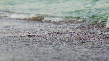 A turquoise sea waves cover the coast and take small grains of sand with it. Close-up. Blurred background. video