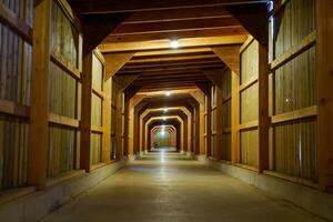 This spacious barn aisle features a long layout with a high ceiling, rustic wooden walls, and a durable concrete floor. Elegant lights hang from the ceiling, creating a warm ambiance. photo