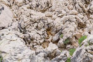 The image presents a close-up view of a weathered rock face characterized by cracks and ledges, showcasing its rough texture and natural beauty from a low angle perspective. photo