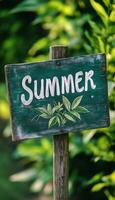Green Summer Sign in the Lush Greenery. Sunny Season Concept, Rustic Garden Decoration. photo
