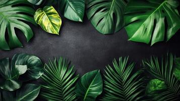 Tropical Jungle Leaves Border Frame, Lush Greenery Background, Natural Exotic Pattern on Black photo