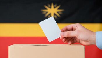 Hand Voting in Ballot Box with Aboriginal Flag Background, Election and Democracy Concept photo