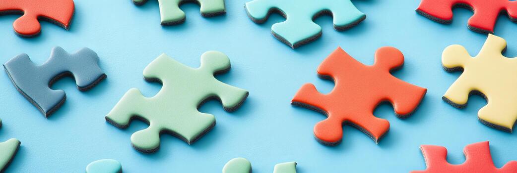 Colorful Jigsaw Puzzle Pieces on Blue Background, Concept of Autism Awareness, Problem Solving photo