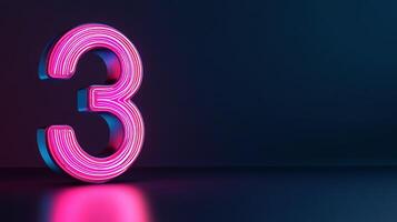 Number 3, Pink and Blue Neon Light Sign, Three-Dimensional Rendering on Dark Background. photo