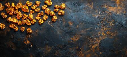 Gold Nuggets Scattered on Dark Textured Background Concept of Wealth, Mining, and Treasure photo