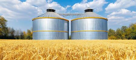Two Modern Grain Silos in a Ripe Wheat Field Under Blue Sky With Clouds. Agricultural Landscape. photo