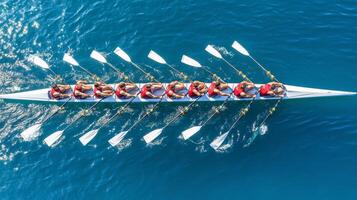 Synchronized Rowing Team in Red, Eight Rowers Powering Through Blue Water, Cooperation Concept photo