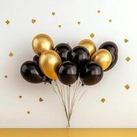 Black and Gold Balloons Bunch for Party Decoration. Festive Balloons on White Background, photo
